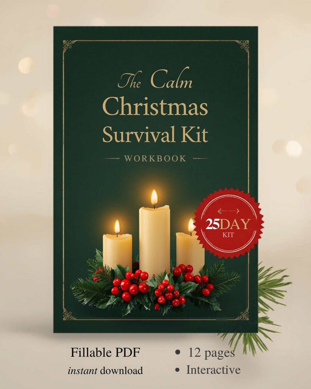 The Calm Christmas Survival Kit cover with candles and holly