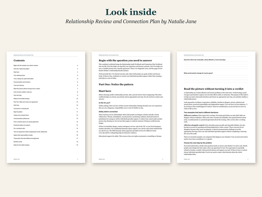Look inside Relationship Review and Connection Plan by Natalie Jane: sample pages
