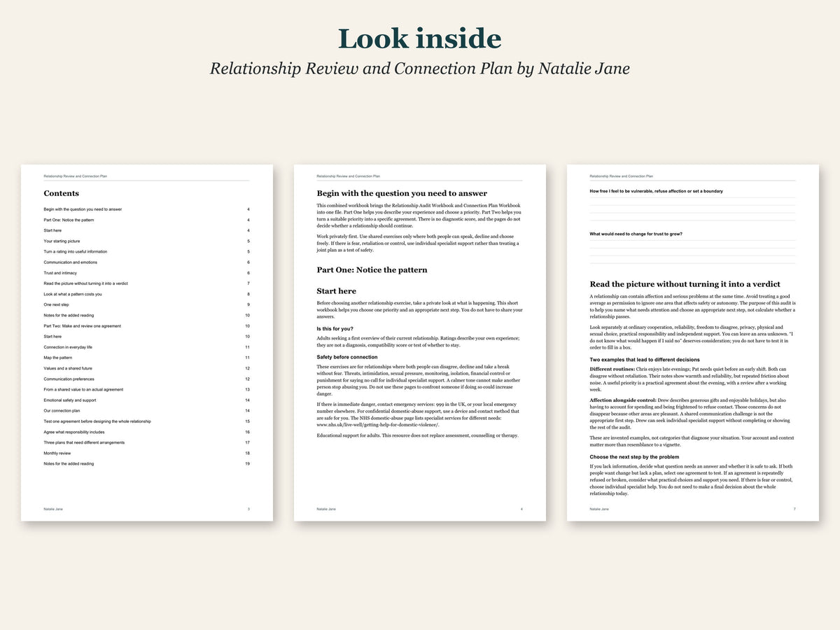 Look inside Relationship Review and Connection Plan by Natalie Jane: sample pages