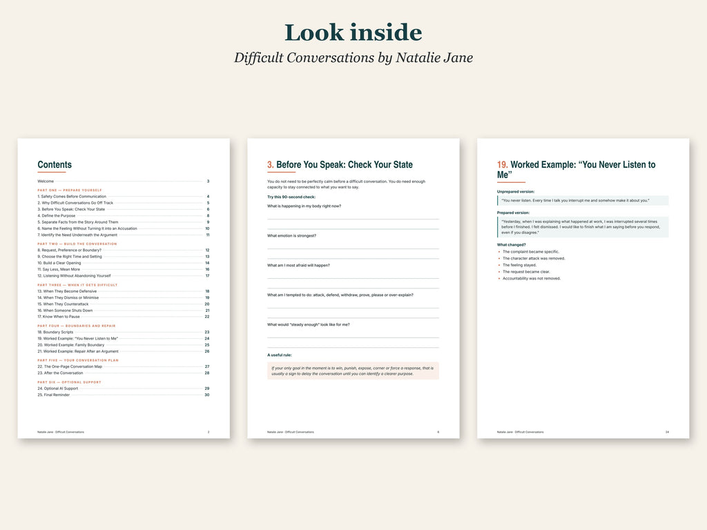 Look inside Difficult Conversations: The Preparation Workbook by Natalie Jane: sample pages