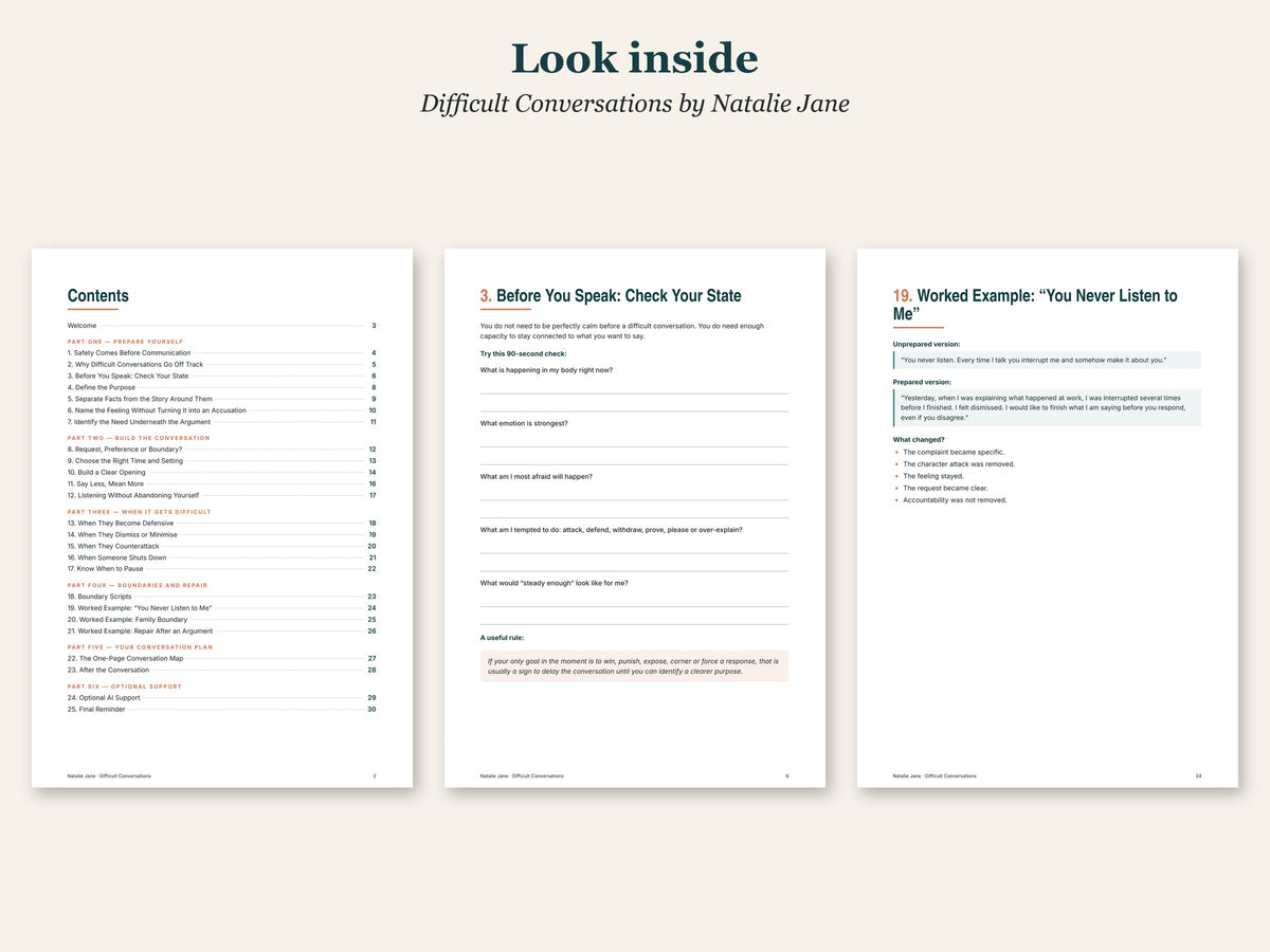 Look inside Difficult Conversations: The Preparation Workbook by Natalie Jane: sample pages